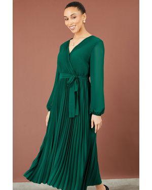 Yumi' Pleated Wrap Midi Dress - Green