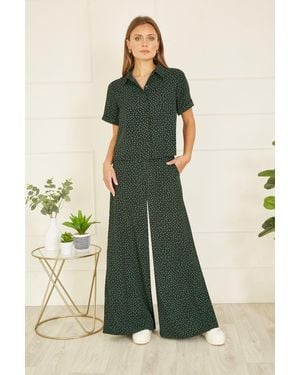 Yumi' Ditsy Floral Print Relaxed Wide Leg Trousers - Green