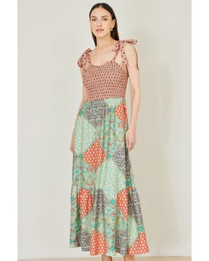 Yumi' Multicolour Patchwork Ruched Smocked Maxi Sundress