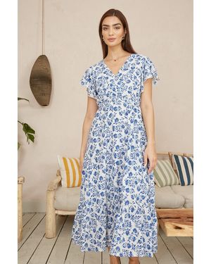 Yumi' Floral Printed Broderie Anglaise Ruched Waist Midi Dress - Blue