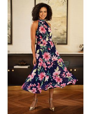 Yumi' Floral Halter Neck Midi Dress With Matching Belt - Blue