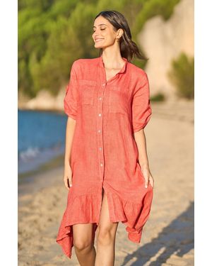 Yumi' Italian Linen Shirt Dress With Frill Hem - Red