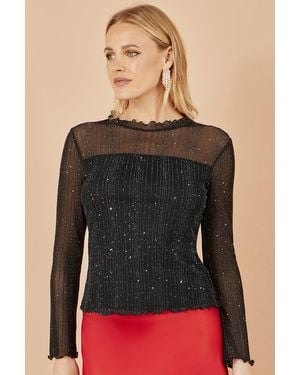 Yumi' Sparkle Print Mesh Stretch Fitted Top - Black