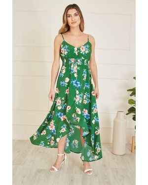 Mela Floral High Low Frill Midi Dress - Green