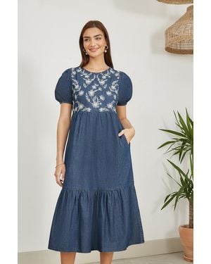 Yumi' Chambray Denim Midi Dress With Embroidery And Puff Sleeves - Blue