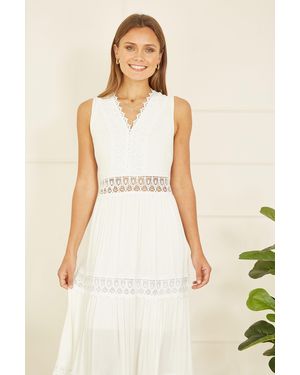 Yumi' Lace Trim Cotton Midi Sun Dress - Natural