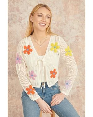Yumi' Tie Front Cardigan With Flower Design - Blue