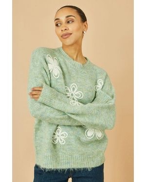 Yumi' Relaxed Knitted Jumper With Crochet Flowers - Green