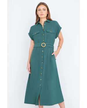 Yumi' Viscose Linen Look Midi Shirt Dress With Wooden Belt - Green