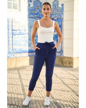 Yumi' Stretch Capri Trousers With Tie Belt - Blue