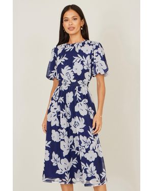 Yumi' Flower Stretch Mesh Midi Dress With Angel Sleeves - Blue