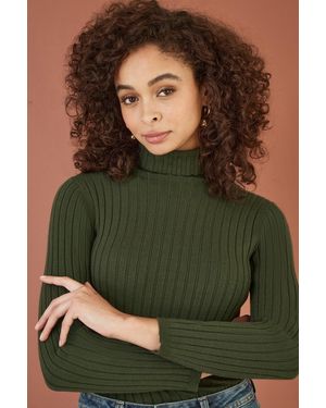 Yumi' Mela Ribbed Knit Roll Neck Jumper - Green