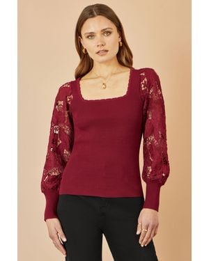 Yumi' Ribbed Knitted Top With Lace Sleeves - Red