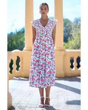 Yumi' Viscose Floral Ruched Waist Midi Dress - White