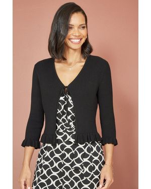 Yumi' Tie Up Ribbed Cardigan With Frill Hem - Black