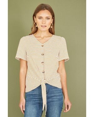 Yumi' Striped Jersey Button Detail Top - Brown