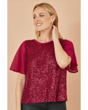 Yumi' Sequin Top With Sheer Sleeves And Cut Out Back - Red