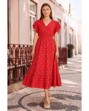 Yumi' Broderie Anglaise Wrap Midi Dress With Flower Embroidery - Red