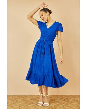 Yumi' Button Detail Midi Dress With Ruched Waist And Metallic Thread - Blue