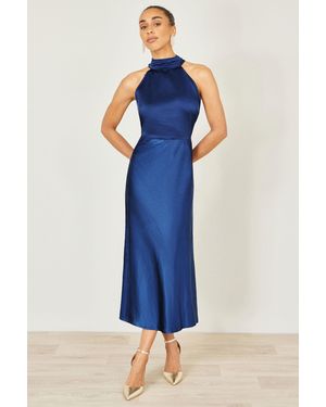 Yumi' Satin Halter Neck Midi Dress - Blue