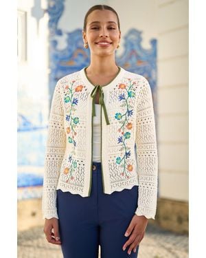 Yumi' Crochet Knitted Tie Front Cardigan With Floral Embroidery - Blue
