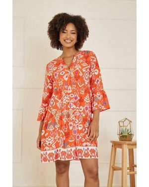 Yumi' Ikat Print 3/4 Sleeve Tunic Dress - Red