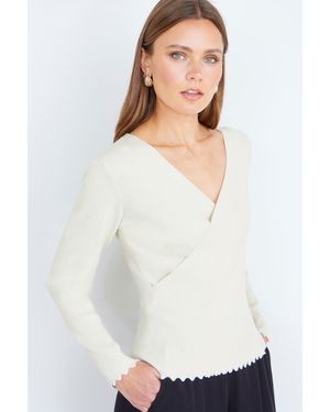 Yumi' Metallic Thread Rib Wrap Knitted Top - White