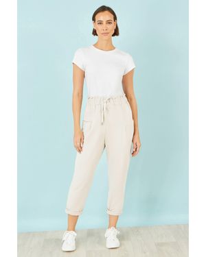 Yumi' Cream Cotton Relaxed Stretch Trousers With Pockets - Blue