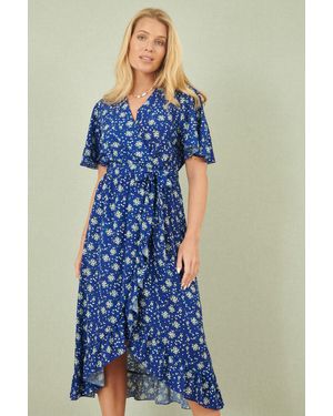 Yumi' Floral Wrap Dress With Frill Hem - Blue