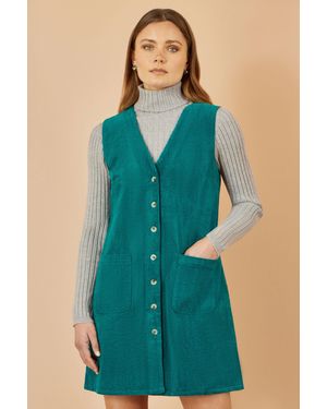 Yumi' Cord Button Through Pinafore Dress With Pockets - Blue
