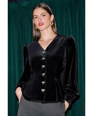 Yumi' Velvet Peplum Top With Bow Buttons - Black