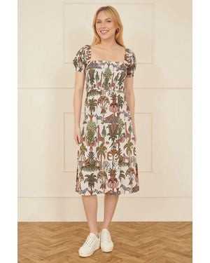 Yumi' Cotton Safari Print Ruched Midi Dress - Natural