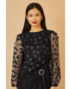 Yumi' Sheer Sleeve Applique Flower Top - Black
