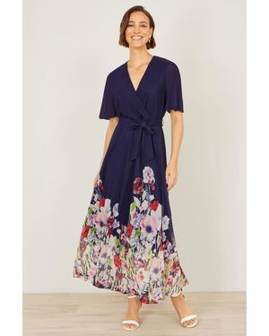 Yumi' Mesh Wrap Midi Dress With Floral Hem Border - Blue