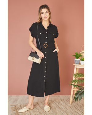 Yumi' Viscose Linen Look Midi Shirt Dress With Wooden Belt - Black