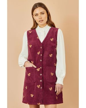 Yumi' Squirrel Embroidered Button Up Pinafore Dress