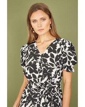 Mela And Leaf Print Midi Tea Dress - Black