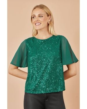 Yumi' Sequin Top With Sheer Sleeves And Cut Out Back - Green
