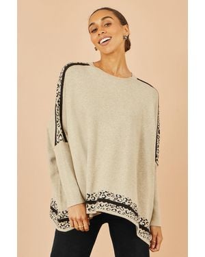 Yumi' Oatmeal Leopard Print Border Relaxed Fit Jumper - Natural