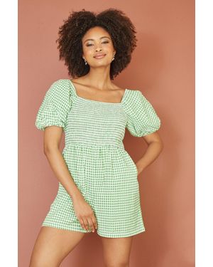 Yumi' Cotton Gingham Puff Sleeve Playsuit - Green