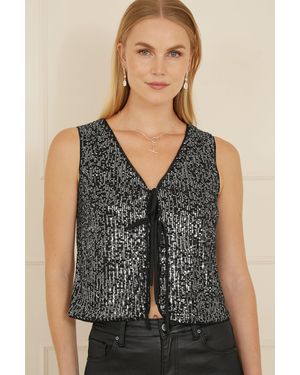 Yumi' Sequin Tie Front Waistcoat - Black