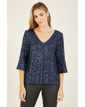 Yumi' Relaxed Sequin Fluted Sleeve Top - Blue