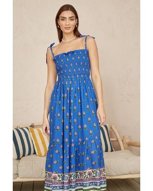 Yumi' Strappy Paisley Print Midi Dress With Ruched Bodice - Blue