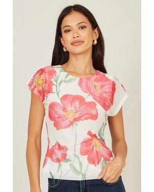 Yumi' Poppy Print Mesh Top - Red