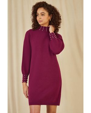 Yumi' Plum Pearl Detail Knitted Relaxed Jumper Dress - Purple