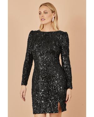 Yumi' Sequin Long Sleeve Fitted Dress - Black