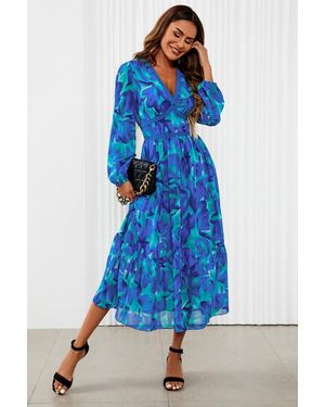 FS Collection Floral Print Long Sleeve Maxi Dress - Blue