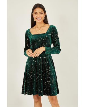 Yumi' Star Foil Print Long Sleeve Skater Dress - Green