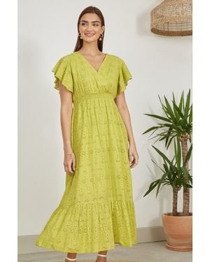 Yumi' Lime Cotton Broderie Anglaise Wrap Midi Dress - Yellow