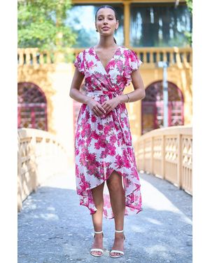Yumi' Floral Wrap Dress With Dipped Hem - Blue